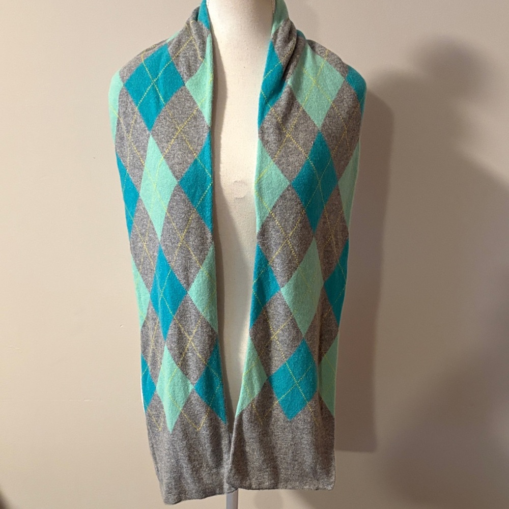 J. Crew Cashmere Blend Gray and Teal Argyle Scarf.